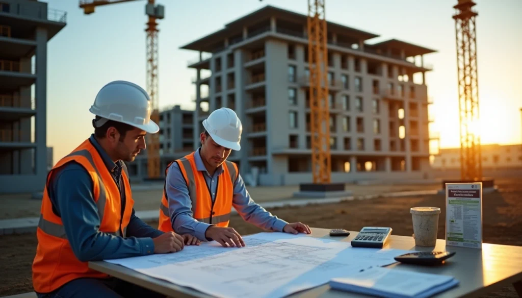 Construction worker reviewing payroll records on government project site