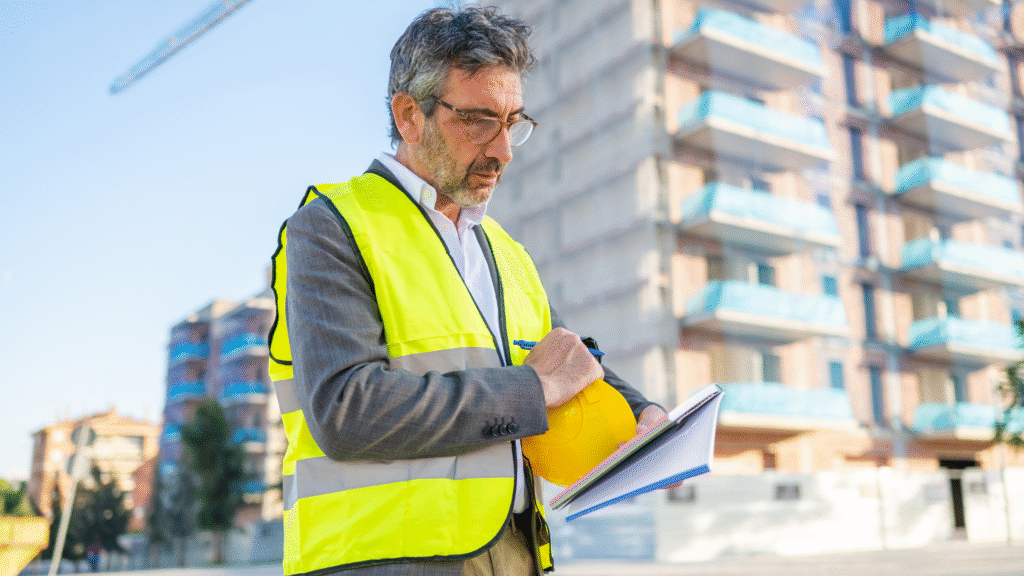 Contractor reviewing payroll and documentation to ensure accurate prevailing wage compliance on public projects.