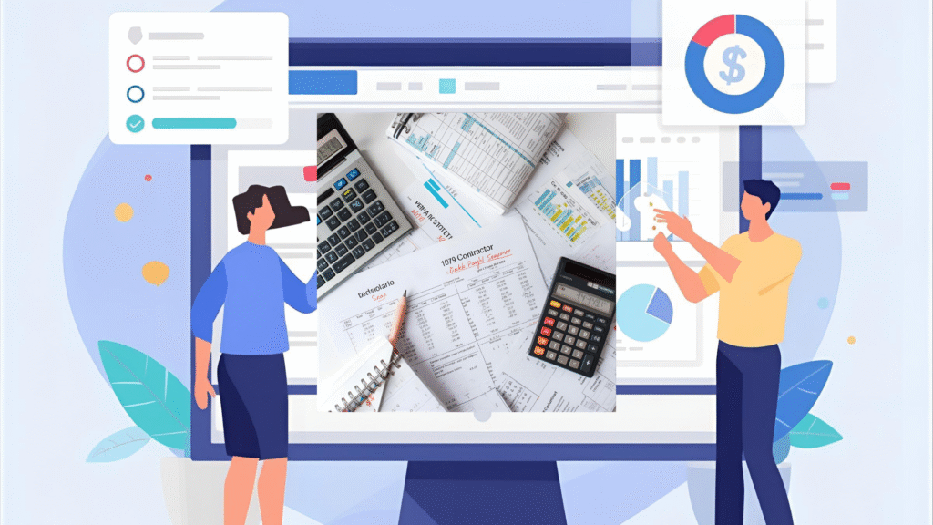 The construction team is reviewing documents to ensure 1099 contractor payroll compliance and avoid misclassification risks.