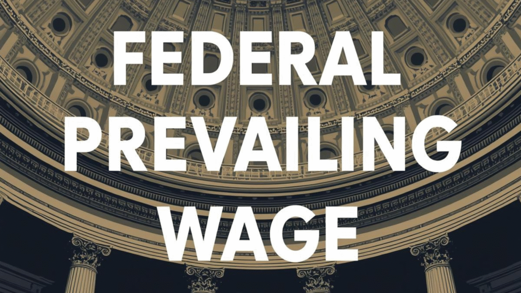 Construction crew reviewing federal prevailing wage requirements and Davis-Bacon Act compliance documents on a jobsite.