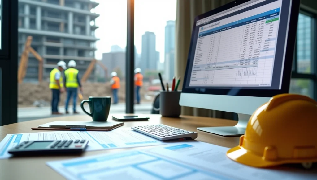 Contractor reviewing prevailing wage certified payroll documents and Davis-Bacon compliance reports on a federally funded construction project.